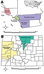 Thumbnail of A) Study locations in California. B) Study locations in Colorado. Inset shows relative locations within the United States.