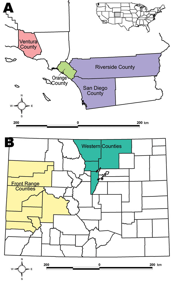 A) Study locations in California. B) Study locations in Colorado. Inset shows relative locations within the United States.