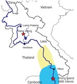 Thumbnail of Map of Laos. The area in which Schistosoma mekongi is known to be endemic is highlighted in light blue. The area highlighted in light yellow shows both the known area and the area predicted by Attwood’s paleogeographic models (1) to be inhabited by Neotricula aperta (freshwater snails), the known intermediary host for S. mekongi. Two foci of travel-related schistosomiasis are also highlighted with red stars. The dark blue line shows the route of the Mekong River.