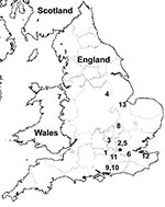 Thumbnail of Map of United Kingdom showing geographic location of the 13 Salmonella enterica serovar Virchow isolates bearing rmtC. Each number represents 1 isolate in chronologic order of isolation as shown in Table 2.