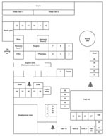 Thumbnail of Layout of veterinary clinic where outbreak of Hendra virus infection occurred in horses, Australia, 2008. Individual horse stalls and yards are numbered 1–40. All yards are open, with yards 19–22 having a roofed shelter within.