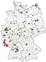 Thumbnail of Approximate geographic dissemination of PCR ribotype 001, 078, and 027 of Clostridium difficile in hospitals in Germany in 2008. Green dots indicate hospitals with C. difficile ribotype 001 infections, blue squares hospitals with ribotype 078 infections, and red stars hospitals with ribotype 027 infections.