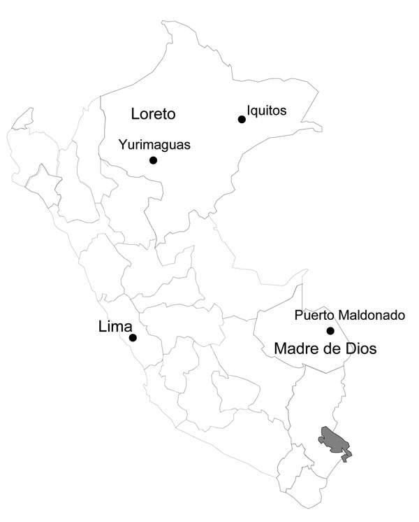 Selected sites in Peru of passive surveillance study to determine arboviral causes of febrile illness in Peru, established in 2000 by Naval Medical Research Center Detachment and the Ministry of Health of Peru (protocol NMRCD.2000.0006). Sites shown include those of 2 patients with evidence of acute Venezuelan equine encephalitis virus infection. Shaded area is Titicaca Lake.