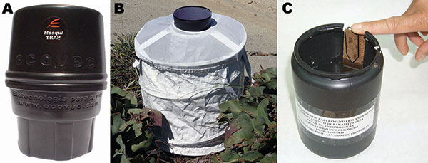 MosquiTRAP version 2.0 (Ecovec Ltd., Belo Horizonte, Brazil) (A), BG-Sentinel trap (Biogents, Regensburg, Germany) (B), and an ovitrap (C) used for obtaining mosquitoes in the northwestern borough of Belo Horizonte, Minas Gerais, Brazil.