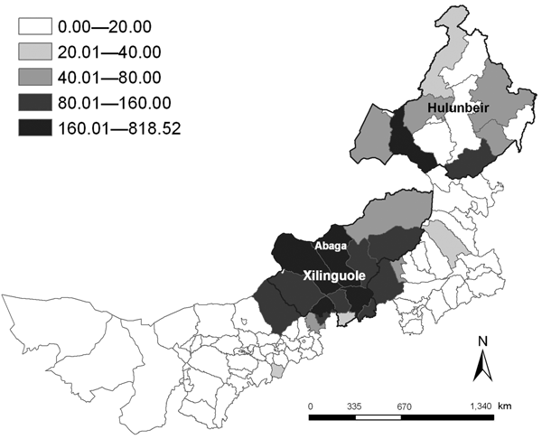 Annualized average incidence of human brucellosis, Inner Mongolia Autonomous Region, People’s Republic of China, 1999–2008.