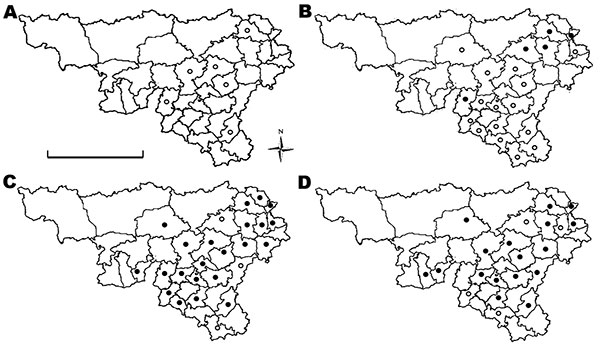 Distribution of red deer samples obtained in Belgium (Wallonia) in A) 2005, B) 2006, C) 2007, and D) 2008, and location of forest districts. White circles indicate districts where only seronegative animals were detected, and black circles indicate districts where seropositive animals were detected. Scale bar indicates 100 km.
