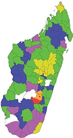 Thumbnail of Distribution of Rift Valley fever in the 111 administrative districts in Madagascar, 2008 and 2009.  Districts with laboratory-diagnosed confirmed or probable cases in humans and/or animals are indicated by yellow (2008), orange (2009), or red (both years). In districts without confirmed or probable cases, antibody data for Rift Valley fever virus immunoglobulin (Ig) levels in serum samples from at-risk professionals are indicated by green (IgM positive only), blue (IgG positive, Ig