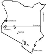 Thumbnail of Bat collection sites (open circles) and location of Kitum Cave, Kenya, where Lake Victoria Marburgvirus was detected (solid circle).