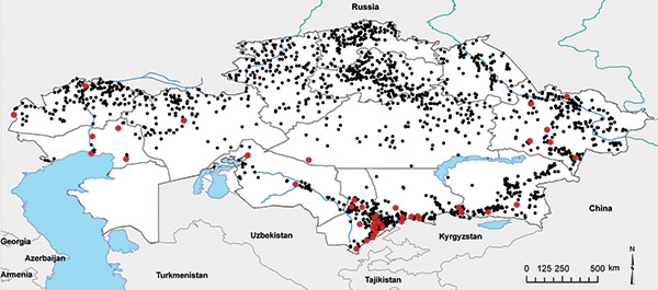 Anthrax outbreaks in Kazakhstan, 1937–2005. Each dot represents an outbreak; red dots indicate that cultures were isolated and analyzed from these outbreaks.