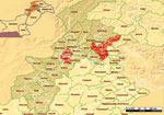 Thumbnail of Areas of influenza (H5N1) cases in humans, Pakistan, 2007. Red shading indicates districts that reported suspected human cases of influenza (H5N1). Light brown shading indicates Northwest Frontier Province. Source: World Health Organization (WHO). Districts of avian influenza suspected cases in Northwest Frontier Province, Pakistan. WHO map no. WHO-PAK-002 (www.whopak.org/disaster).