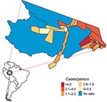 Thumbnail of Mâncio Lima is the westernmost county in Brazil. The 2006 malaria incidence (cases/person) is mapped according to health districts (n = 54).