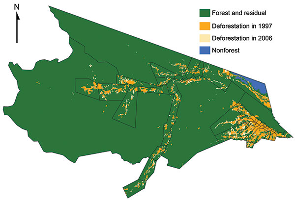 Deforestation trends in Mâncio Lima, Brazil, based on PRODES (Programa de Cálculo do Desflorestamento da Amazônia) 60 × 60–meter classified satellite imagery. The health districts are outlined in black. Baseline deforestation that occurred in 1997 is orange, deforestation that occurred between 1997 and 2006 is light brown, nonforested land is blue, and forested land is green.