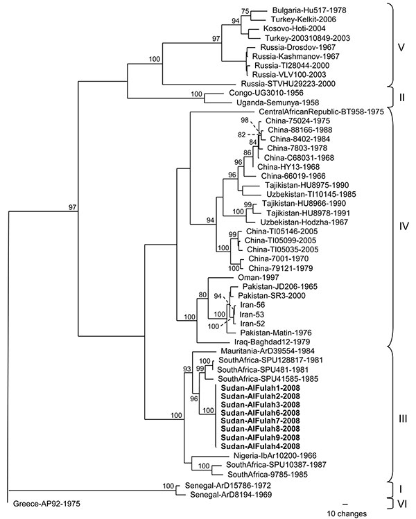 Phylogenetic relationship of Crimean-Congo hemorrhagic fever virus (CCHFV) full-length small (S) segments. Phylogenetic analysis used 47 full-length CCHFV S segments available in GenBank. GARLI (v0.96b8) (9) with default settings was used to generate a maximum-likelihood tree with bootstrap support values from 1,000 replicates. From the analysis, a 50% majority-rule tree was constructed. Virus strains from Sudan patients 1, 2, 3, 6, 7, 8, and 9 (GenBank accession no. GQ862371) were identical, an