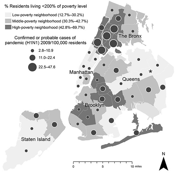 Age-adjusted rates of hospitalization for confirmed or probable pandemic (H1N1) 2009, by neighborhood poverty level, New York, New York, USA, April 24–July 7, 2009. Direct age standardization was performed by using weights from the 2000 US Census (11). Of 996 total patients, 993 had complete poverty data available. Star represents location of high school A.