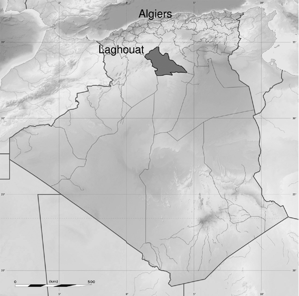 Location of a new rural plague focus in a nomad camp in Laghouat (dark gray shading; 35°29′N, 0°32′E), Algeria.