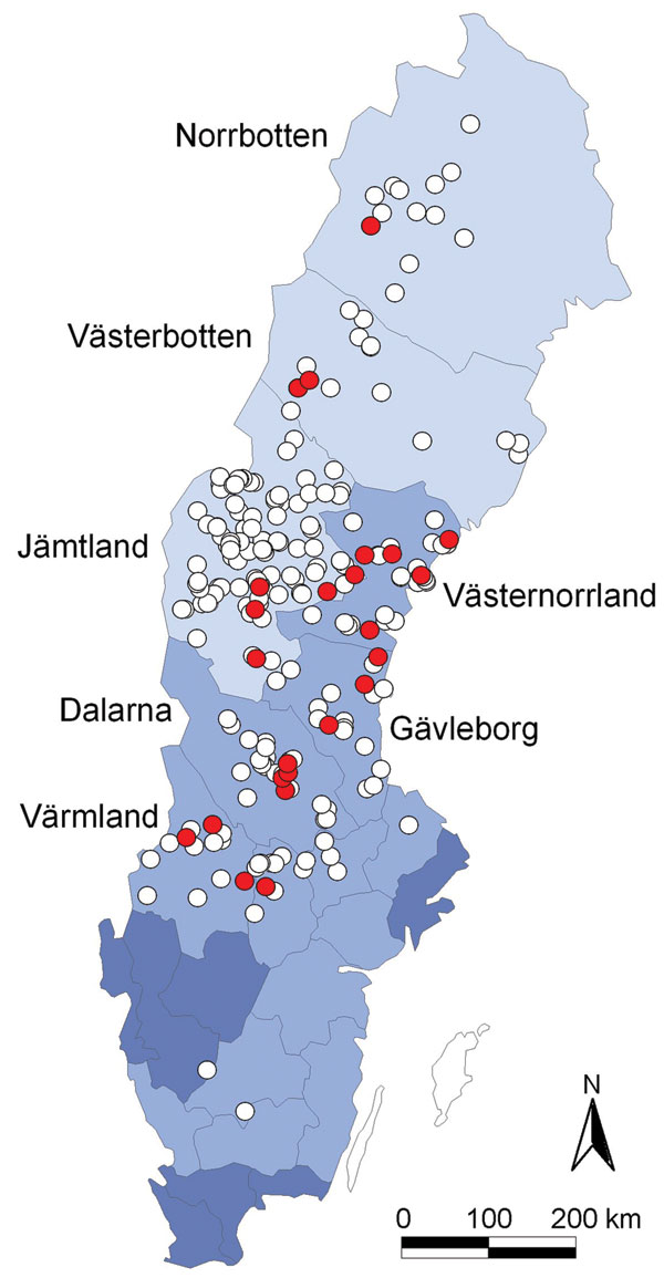 Geographic origin of 263 Eurasian lynx (Lynx lynx) collected in Sweden during 1995–1999 and tested for orthopoxvirus (OPV)–specific DNA (open circles). OPV DNA was amplified by PCR from 24 animals (9%; red circles). Light blue areas represent sparsely populated (&lt;5 inhabitants/km2) mountainous counties; medium blue areas represent more densely populated counties (10–41 inhabitants/km2) farther south; and dark blue areas represent counties with the highest human population densities (&gt;50 in