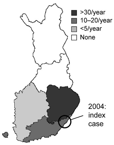 Municipality in Finland where human babesiosis infection (index case) was acquired and 3 bovine babesiosis cases were found in 2004. Average annual number of cases of babesiosis in cattle during 1997-2003 is indicated