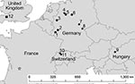 Thumbnail of Locations in Europe of bats positive for Geomyces destructans by PCR alone (circles) or by PCR and culture (solid stars) and bats negative for G. destructans but positive for other fungi (square). Numbers for locations correspond to those in Table 2. Sites 7, 8, and 9 had additional bats that were positive for G. destructans only by PCR. Location of a bat positive for G. destructans in France (16) is indicated by an open star. Some sites had &gt;1 bat species with evidence of coloni