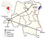 Thumbnail of Transport routes of clinical specimens from 2 pneumonic plague outbreaks, Democratic Republic of the Congo, 2005 and 2006.