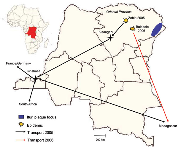 Transport routes of clinical specimens from 2 pneumonic plague outbreaks, Democratic Republic of the Congo, 2005 and 2006.