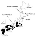 Thumbnail of Distribution of reported Japanese spotted fever cases in Japan (≈2008). Prefectures in which Japanese spotted fever cases were reported up to 2008 are shown in black; Fukui, Aomori, and Miyagi prefectures are shown in gray. The map was drawn by using data on reported infectious diseases in Japan (http://idsc.nih.go.jp/idwr/pdf-j.html).