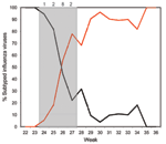 Thumbnail of Co-infection during cocirculation of seasonal influenza A (H1N1) and pandemic (H1N1) 2009 viruses, New Zealand, 2009. Red line indicates pandemic (H1N1) 2009 viruses; black line indicates seasonal influenza A (H1N1) viruses. The gray shaded area indicates weeks in which the co-infections occurred; numbers above the graph indicate number of co-infections for that week: 1 co-infection in week 24, 2 in week 25, 8 in week 26, and 2 in week 27.