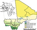Thumbnail of Ecozones of Mali and locations where small mammals were trapped in June 2009. Inset shows location of Mali in relation to countries where Lassa virus is endemic (shaded).