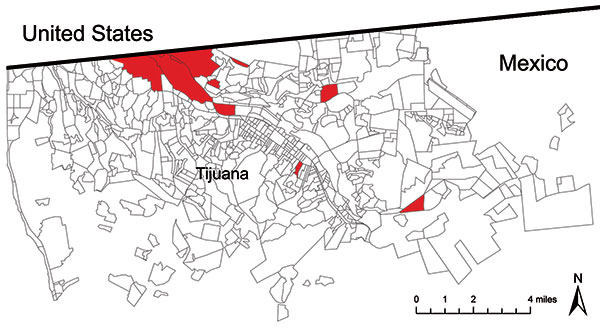 Red shaded areas indicate colonias of Tijuana, Mexico where pandemic (H1N1) 2009 virus screening took place, May 1–November 20, 2009.