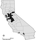 Thumbnail of California counties with 2005 Dynamic Continuous-Area Space-Time (DYCAST) analysis regions (32,517 km2), shown in black. Data were mapped by using ArcMap version 9.3.1 (Environmental Systems Research Institute, Inc., Redlands, CA, USA) and North American Datum of 1983, High Accuracy Reference Network (NAD83 HARN) California II State Plane coordinate system (Lambert Conformal Conic Projection).