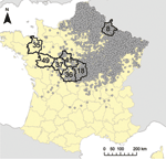 Thumbnail of Locations included in a serologic study of the 2007 epizootic wave of bluetongue virus serotype 8 (BTV-8) among cattle herds in France. Black lines indicate the 7 departments included in the study: 6 departments aligned on an east�??west transect (codes 18, 41, 36, 37, 49, and 35); and the first department to report BTV-8 infection in 2006 (code 08). Dots represent locations of BTV-8 outbreaks during 2007.
