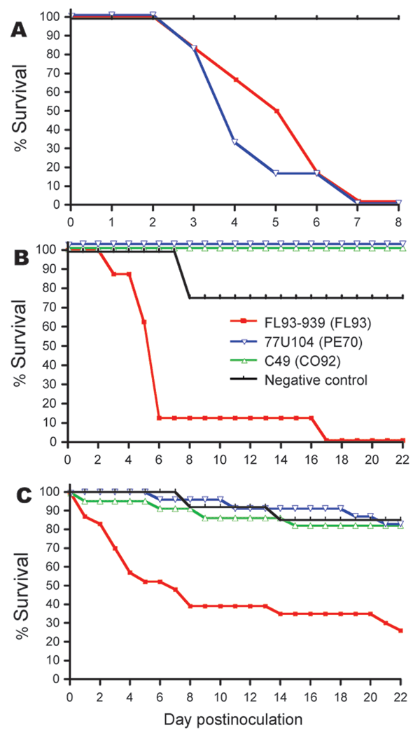 Survival rates for juvenile cotton rats (A), mature cotton rats (B), and house sparrows (C) after subcutaneous inoculation with ≈3–4 log10 PFU of North American eastern equine encephalitis virus (EEEV) strain FL93 (red lines), South American (SA) EEEV strain PE70 (blue lines), or SA EEEV strain CO92 (green lines). Survival rates beyond day 22 postinfection did not differ. Experimental infection of juvenile cotton rats with SA EEEV strain CO92 was not conducted.