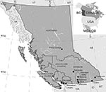 Thumbnail of Select cities (lower case) in British Columbia, Canada, and Regional Health Authorities (RHA, upper case). Each RHA undertakes West Nile Virus surveillance under the guidance and recommendations of the British Columbia Centre for Disease Control. The dashed oval encompasses the Okanagan Valley, which was the primary focal point of West Nile Virus activity in British Columbia during 2009. WA, Washington, USA; ID, Idaho, USA; MT, Montana, USA.