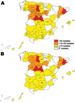 Thumbnail of Map of Spain showing the distribution of the 2 most frequent Mycobacterium caprae spoligotypes and affected animals: C, cattle; D, red deer; F, fox; G, goats; S, sheep; P, pigs; WB, wild boar. A) Spoligotype SB0157. B) Spoligotype SB0416.