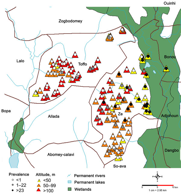 Figure. Correlation between altitude and prevalence of Buruli ulcer for villages of the districts of Zê and Toffo in the Atlantique Department of Benin, 2005–2009.