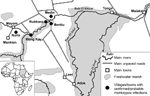 Thumbnail of Geographic distribution of cases of human monkeypox virus infection in Unity State, Sudan, 2005. Inset shows location of Sudan (gray shading) and area of consideration within Unity State (white box).