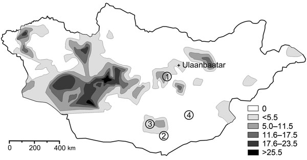 Yersina pestis in rodents in Mongolia. Shaded areas show the known distribution of enzootic plague in Mongolia during 1948–1999 (V. Batsaikhan, J. Myagmar, G. Bolormaa, National Center for Infectious Diseases with Natural Foci, Ulanbaatar, Mongolia; pers. comm.). The following 133 rodents were investigated: gerbils (Meriones unguiculatus, 61; M. meridianus, 25; Rhombomys opimus, 17); jerboas (Allactaga sibirica, 6; Stylodipus telum, 1; Dipus sagitta, 4; Cardiocranius paradoxus, 1), and squirrels