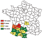 Thumbnail of Departments in which the epidemiologic survey for thelaziosis was conducted and number of cases of canine and feline thelaziosis, France, 2005–2008. Clinical cases of thelaziosis were reported in 9 departments. PO, Pyrénées-orientales; AR, Ariège; AU, Aude; AV, Aveyron; DO, Dordogne; GE, Gers; GI, Gironde; HG, Haute-Garonne; HP, Hautes-Pyrénées; LA, Landes; LG, Lot-et-Garonne; LO, Lot; PA, Pyrénées-Atlantiques; PD, Puy-de-Dôme; T, Tarn; TG, Tarn-et-Garonne.