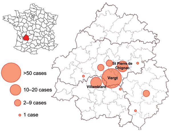 Department of Dordogne (with its 4 arrondissements and 50 counties) and distribution of clinical cases of thelaziosis in dogs and cats, France, 2005–2008. Most cases were reported in the counties of Vergt, Saint Pierre de Chignac, and Villamblard.