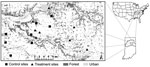 Thumbnail of Study area of raccoon latrines showing locations of treatment and control patches, Upper Wabash Basin, north-central Indiana, 2007–2008. Dominant land use is represented by degree of shading.