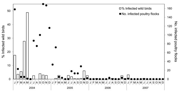 Epidemic curve of the number of highly pathogenic avian influenza (H5N1) virus infections in poultry flocks and percentage of infected wild birds during January 2004–December 2007, Thailand.
