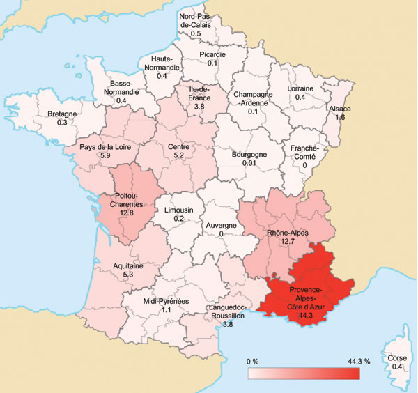 Geographic distribution of acute Q fever cases, France, 2000–2009. Values and scale bar indicate % prevalence.