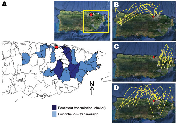 Epidemiology of dengue virus (DENV) serotype 2 in Puerto Rico, 1997–2006. A) Municipalities with persistent DENV-2 transmission (Caguas, Juncos, Las Piedras, Carolina) versus those with discontinuous transmission (Morovis, Toa Alta, Toa Baja, Cataño, Guaynabo, Cidra, San Lorenzo, Canóvanas, Humacao, Naguabo, Ceiba, Fajardo), 1998–2002. Inset shows satellite view; red dot indicates national capital (San Juan), and yellow box indicates region where DENV-2 took refuge during 2000–2002. B–D) Satelli