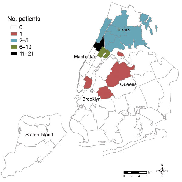 Residences of patients (n = 54) at time of tuberculosis diagnosis, by neighborhood, New York, New York, USA, 2003–2009. Forty-two neighborhoods were designated by the United Hospital Fund. Each neighborhood is defined by several adjoining ZIP codes (www.nyc.gov/html/doh/html/epi/mapgallery.shtml).