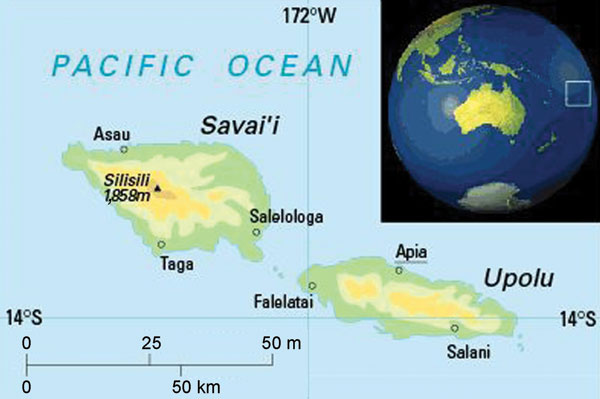 Map of Samoa, showing the 2 main islands, Upolu and Savai’i, and the capital Apia. Reproduced with permission from Oxford Cartographers (www.oxfordcartographers.com).