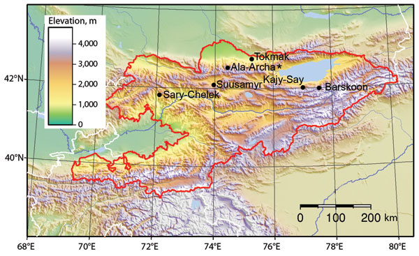 Animal trapping sites in Kyrgyzstan, with topographic characteristics shown. Ala-Archa (star) is the location of tick-borne encephalitis virus and a possible human case of tick-borne encephalitis.