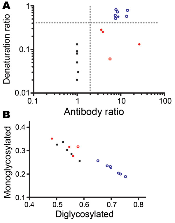 A) Scattergraph of antibody ratio and denaturation ratio obtained from each sample in Table 2, showing discrimination of scrapie, CH1641, CH1641-like, and bovine spongiform encephalopathy (BSE) samples. The antibody ratio is the SAF84/P4 ratio of the chemiluminescence signal relative to the SAF84/P4 ratio of the control scrapie loaded in each blot (Technical Appendix). The denaturation ratio, obtained from the SAF84 blot, is the ratio between the chemiluminescence signal with 3.5 mol/L and that