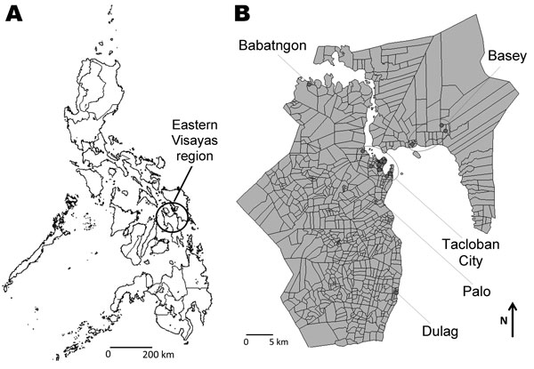 Geographic distribution of residences of patients in whom enterovirus 68 was detected in the Philippines, May 2008–May 2009. A) Eastern Visayas Region in the Philippines; B) expanded Eastern Visayas Region. Address information was obtained from parents of the children. Locations for 6 patients were unknown.
