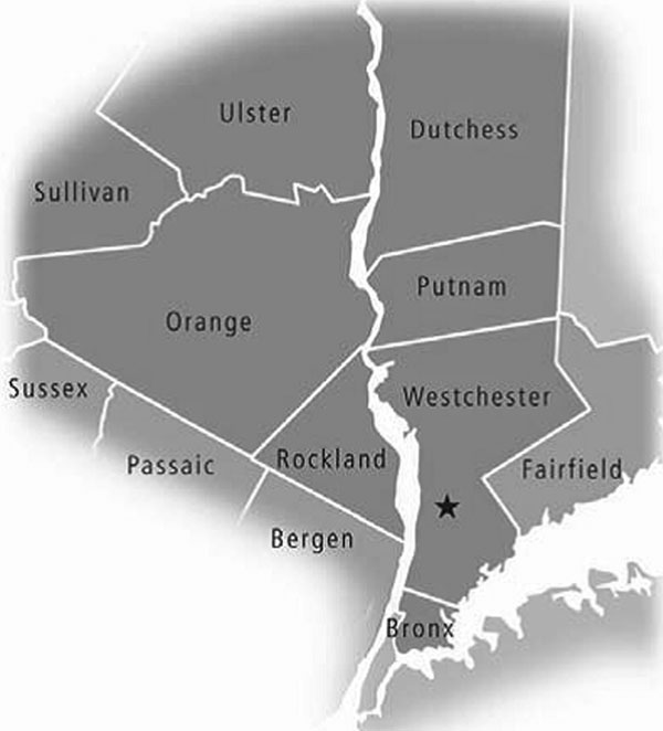 Map of the Lower Hudson Valley of New York, USA. Westchester, Putnam, and Dutchess Counties are east of the Hudson River, and Orange, Rockland, Ulster and Sullivan Counties are west of the Hudson River. The star indicates the site of the Westchester Medical Center. Permission for use of this image granted from the Westchester Institute for Human Development on July 23, 2010.