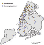 Thumbnail of Locations of ambulatory care facilities and emergency departments used in analysis of syndromic surveillance of pandemic (H1N1) 2009, New York, New York, USA, May 2009.