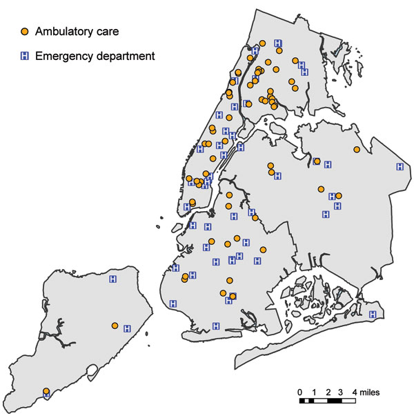Locations of ambulatory care facilities and emergency departments used in analysis of syndromic surveillance of pandemic (H1N1) 2009, New York, New York, USA, May 2009.